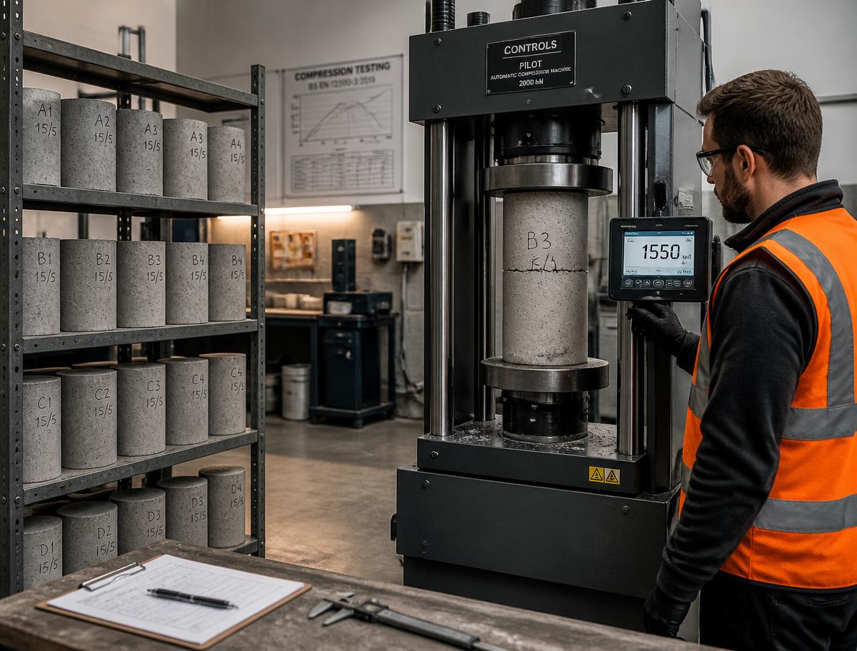 Technician testing a concrete cylinder for compressive strength in the laboratory