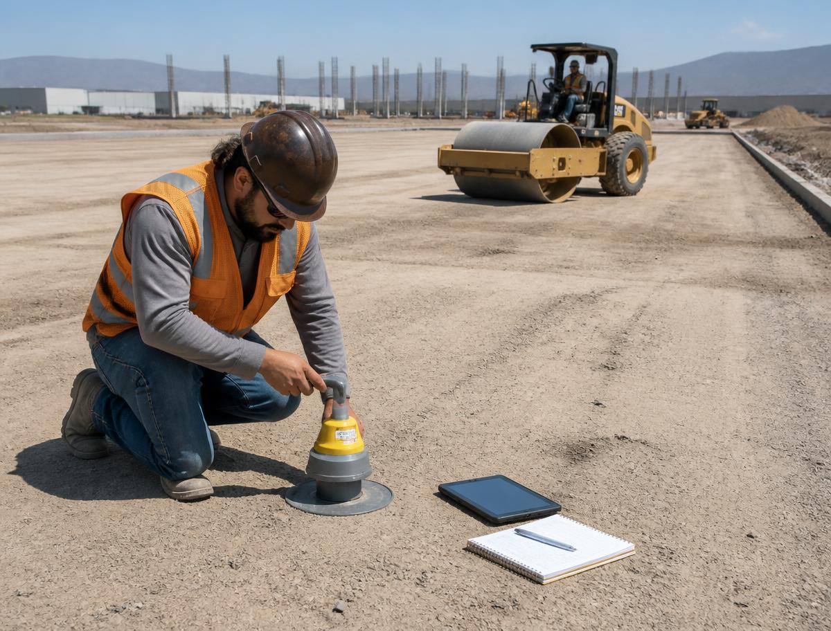 Technician running an in-place compaction test on a graded pad with earthmoving equipment behind