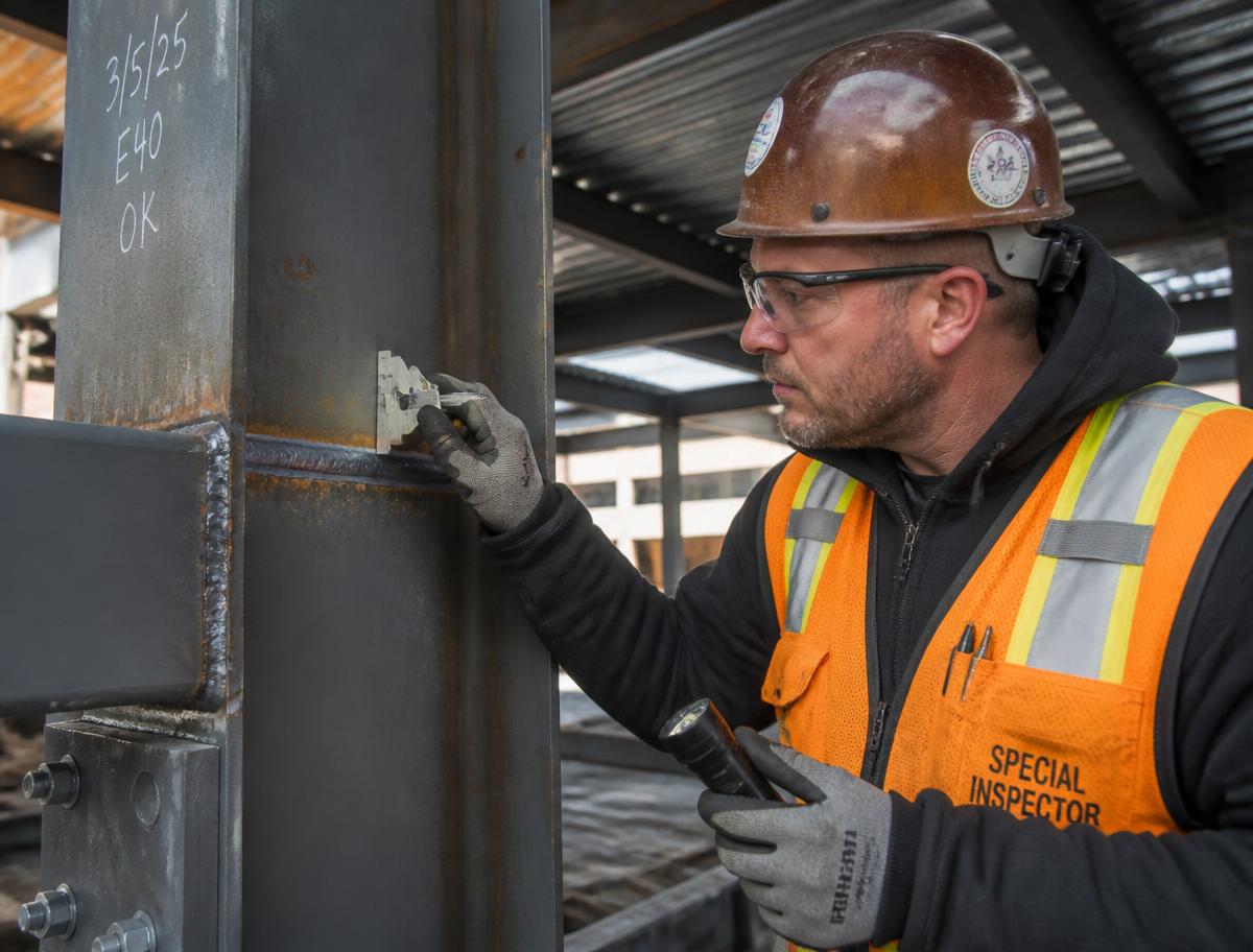 Certified special inspector reviewing a structural steel weld in the field